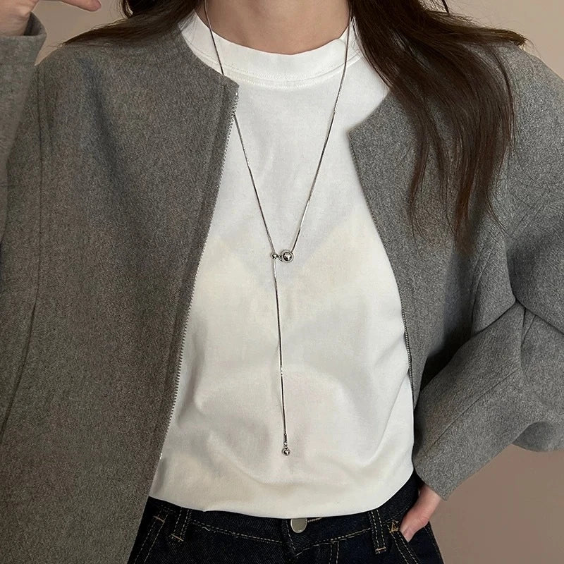LATS Personality Stainless Steel Beaded Ball Pendant Necklace for Women Silver Color Double Layer Hip Hop Rock Chokers Jewelry