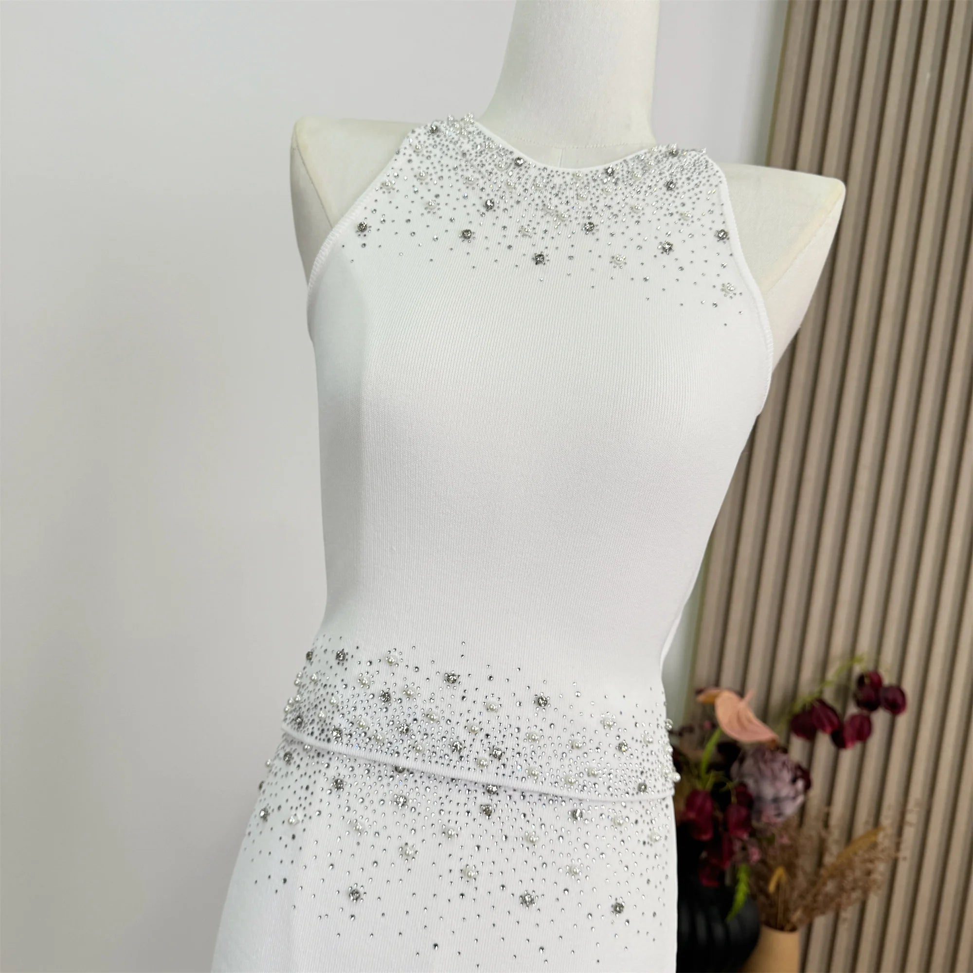 Womem Nail Bead Top + Short Skirt Two Piece Outfit Ensemble Femme High Quality French Luxury Diamonds Knitted 2 Piece Set