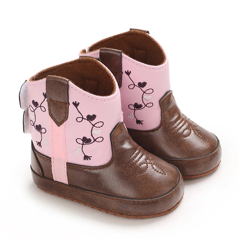 Western Cowboy Princess Baby Boots 0-18M Infant Pre-Walker Shoes Soft Sole Embroidered Footwear for Newborn Girls