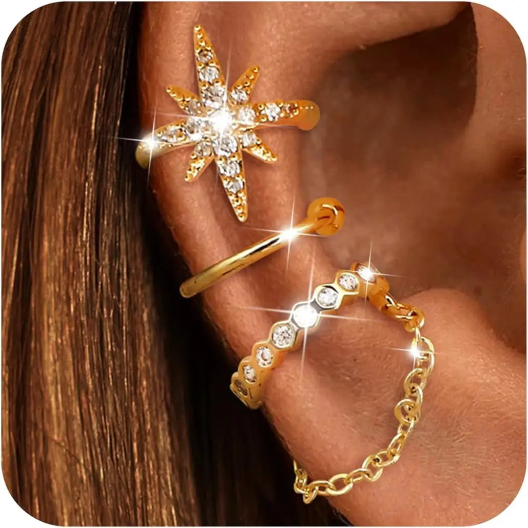 Bobisty 3PCS Ear Cuff Non-Piercing Earrings for Women Cute Clip-On Cartilage Earring 14K Gold Plated Dainty Fake Piercing Earing