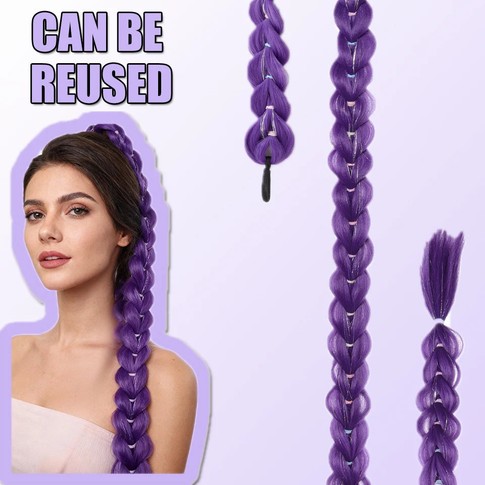 32inch Braided Purple Synthetic Ponytail with Tinsel Hair Wig Super Extensions Shiny Tinsel Hair for Kids Christmas Cosplay Hair