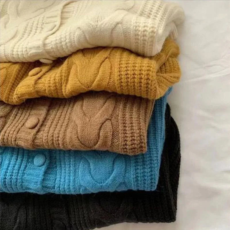 Autumn Twist Knitted Cardigan Womem Winter Thicken Warm O Neck Sweater Jacket Female Solid Button Up Long Sleeve Crop Knitwear