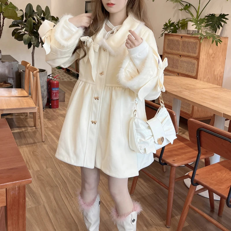 Japan Style Sweet Bow Lolita Woolen Coats Womem Winter Clothes 2024 Thickend Warm Outerwear Jacket Female Fashion Christmas Coat