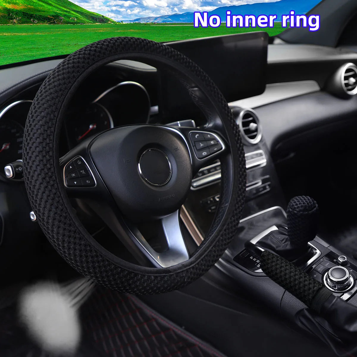 3 Car Massage Mesh Cloth Steering Wheel Cover Handbrake & Handle Cover Set Breathable No Inner Ring for 14.5-15 Inch Accessories