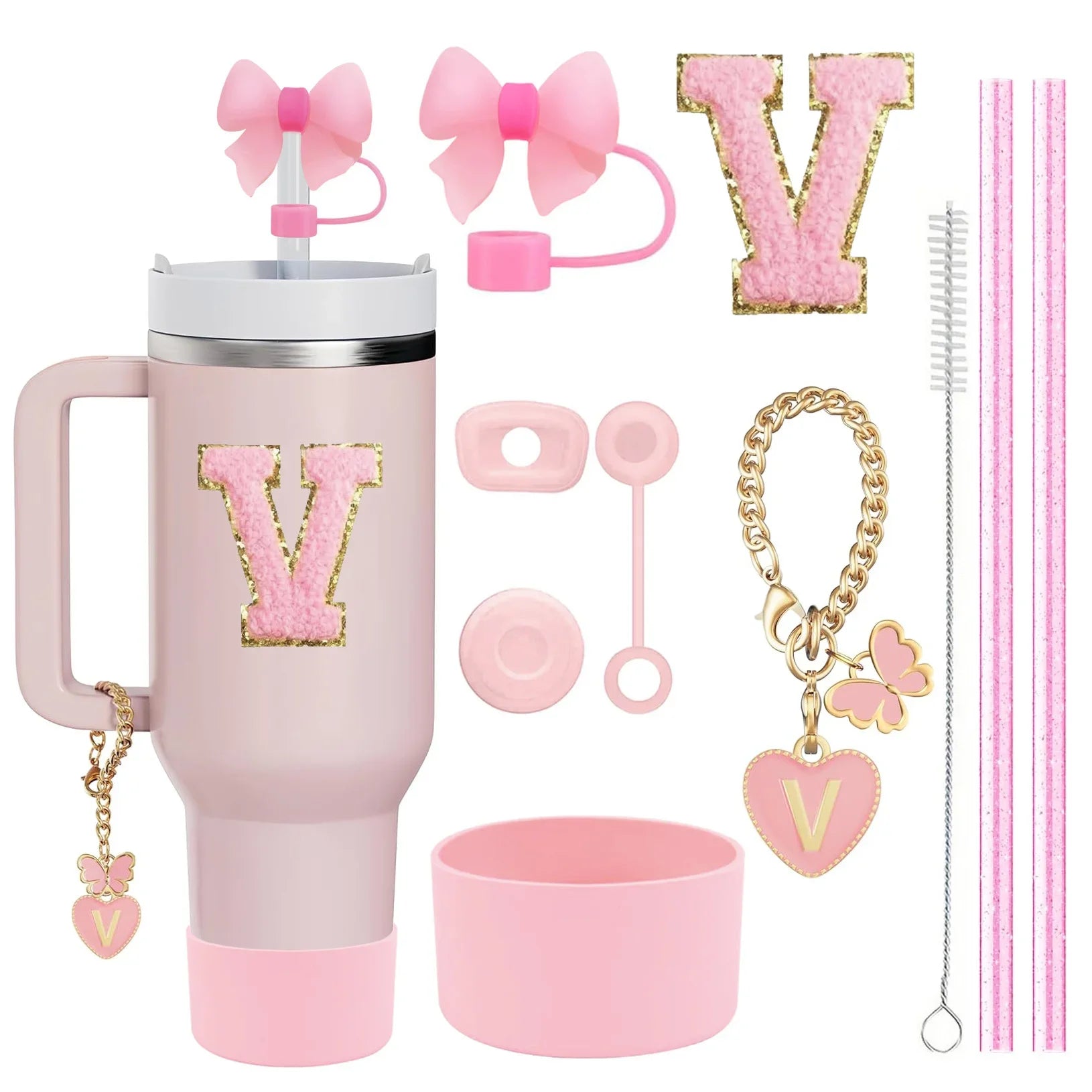 10PCS Accessories Set for Stanley Cup, 2 Straw and Brush and 1 Flower Charm Chain 3 Spill Proof Stopper Flowers Straw Cover Boot