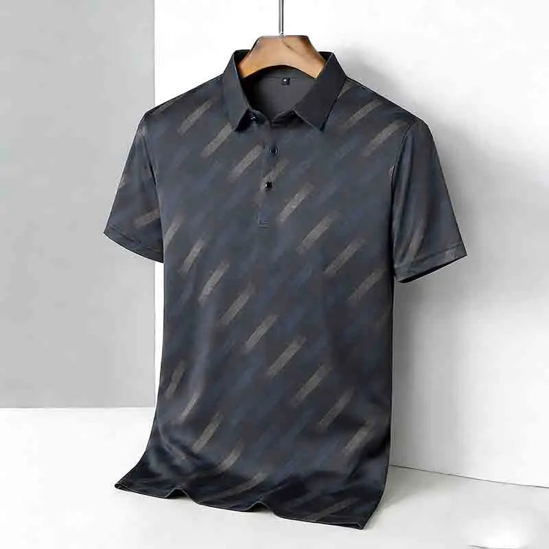 Men's Fashion Polo Shirt Short Sleeve Lapel Collar Diagonal Striped Print Casual Business Golf Tops
