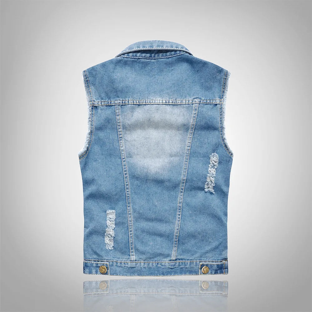 Men Denim Vests Jackets Waistcoats Light Blue Ripped Denim Coats Vests New Fashion Male Cotton Slim Black Jeans Waistcoats 6XL