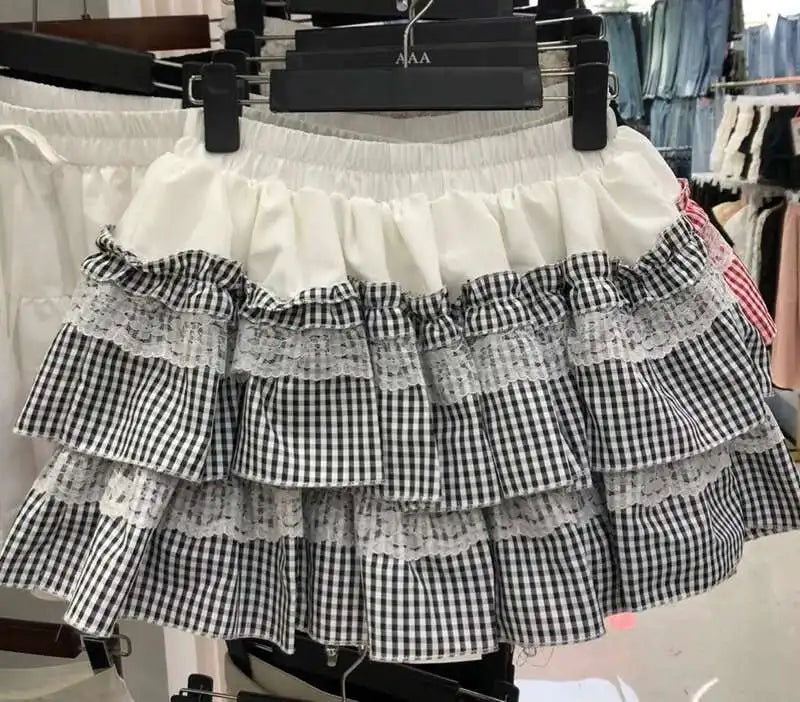 2025 Spring Summer Sweet Cute Lace Patchwork Plaid Cake Short Skirt With Shorts Womem Korean Japan Preppy Style Skirts