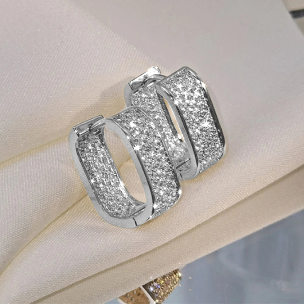 Huitan Korean Fashion Paved CZ Hoop Earrings for Women Metal Silver Color/Gold Color Simple Versatile Earrings Hot Jewelry