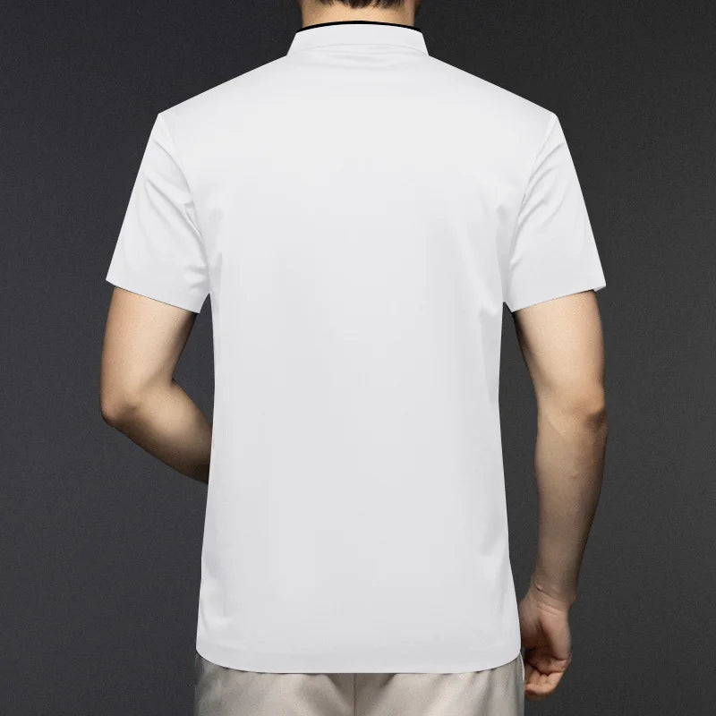 2025 New Men's Casual Fashion Zipper Solid Color Short Sleeved Polo Shirt Stand Up Collar Versatile Comfortable Top