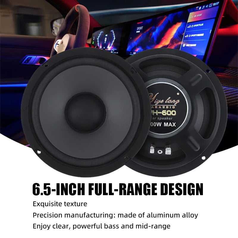 1PC 6.5 inch 600W Car Audio Accessory Coaxial Speaker Audio Tiltable Speaker Full Frequency Universal HiFi Car Stereo Subwoofer