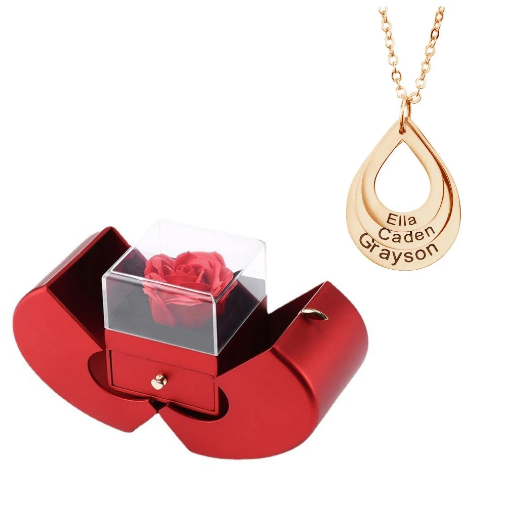 Personalized Water Drop Necklace Stainless Steel Custom Family Names 4 Layered Heart Charms Waterdrop Pendants Gift for Women