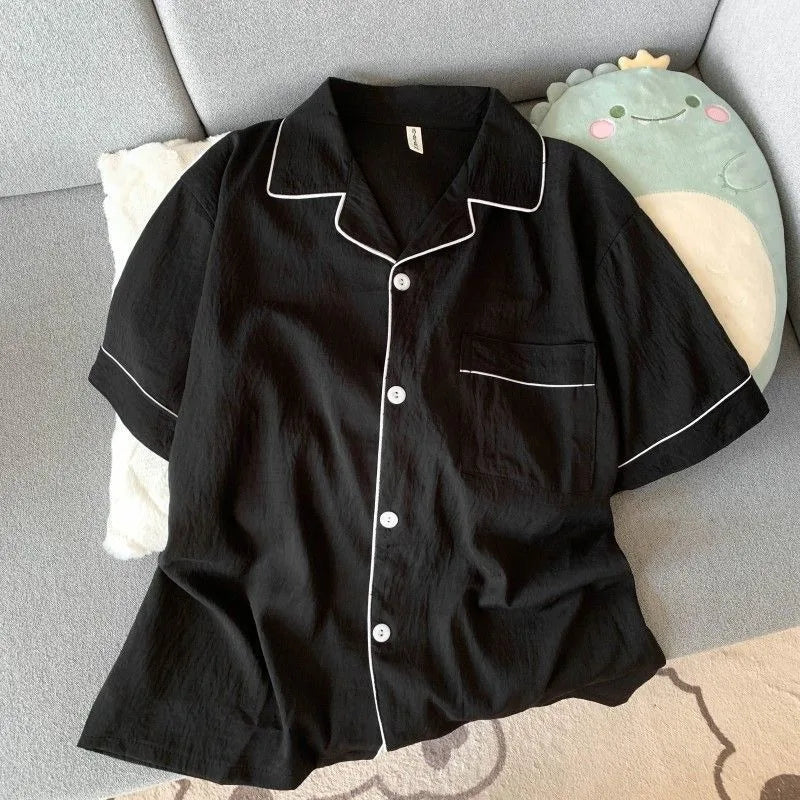 Youth Men's Slim Fit New Pajama Set Solid Color Short Sleeve Lapel Top and Elastic Shorts Pajamas Summer Loungewear Sleepwear