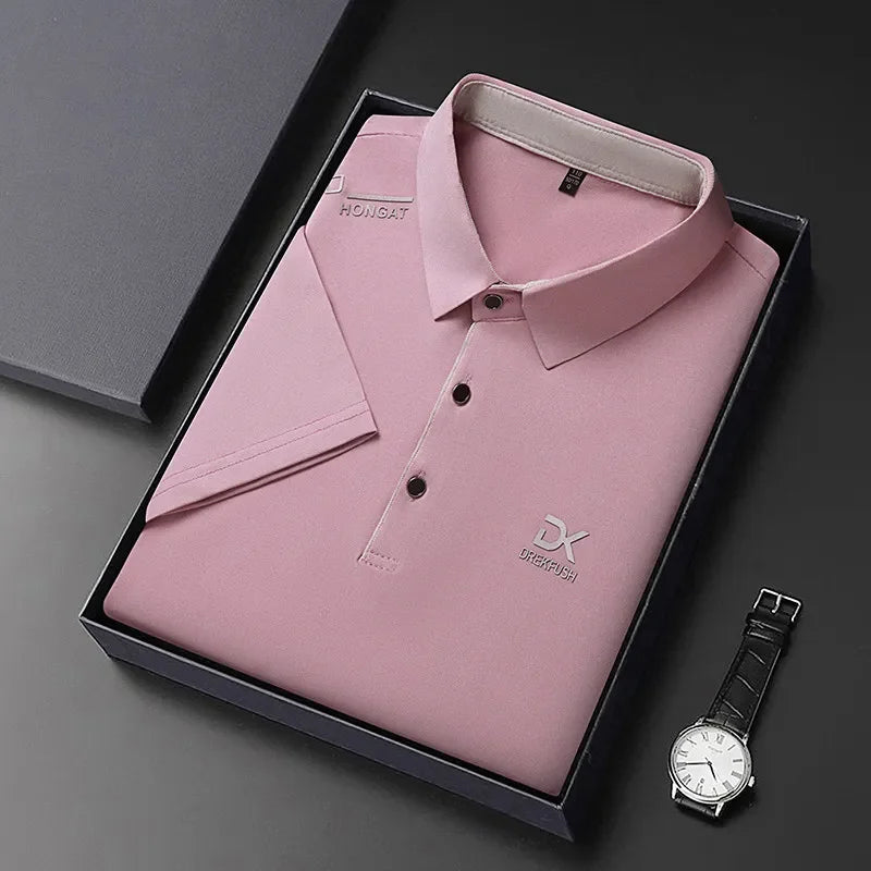 New Men's Business Casual Short Sleeved Shirt with Badge Solid Color Polo Shirt Fashionable Breathable Comfortable Versatile Top