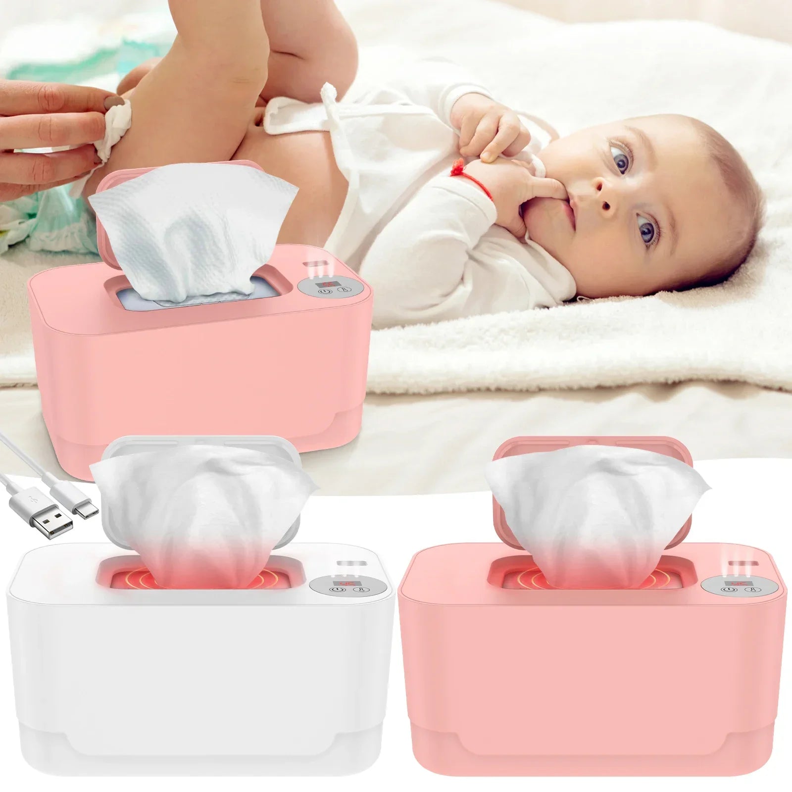 Baby Wet Wipe Heater Warmer with LED Display Wet Towel Dispenser Portable USB Baby Wipe Warmer Napkin Heating Box Home/Car