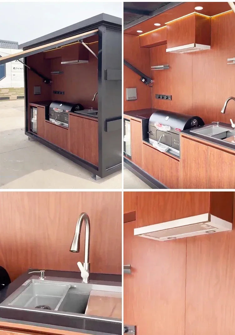 Customized outdoor kitchen in black appearance, affordable cost and stainless steel canopy included