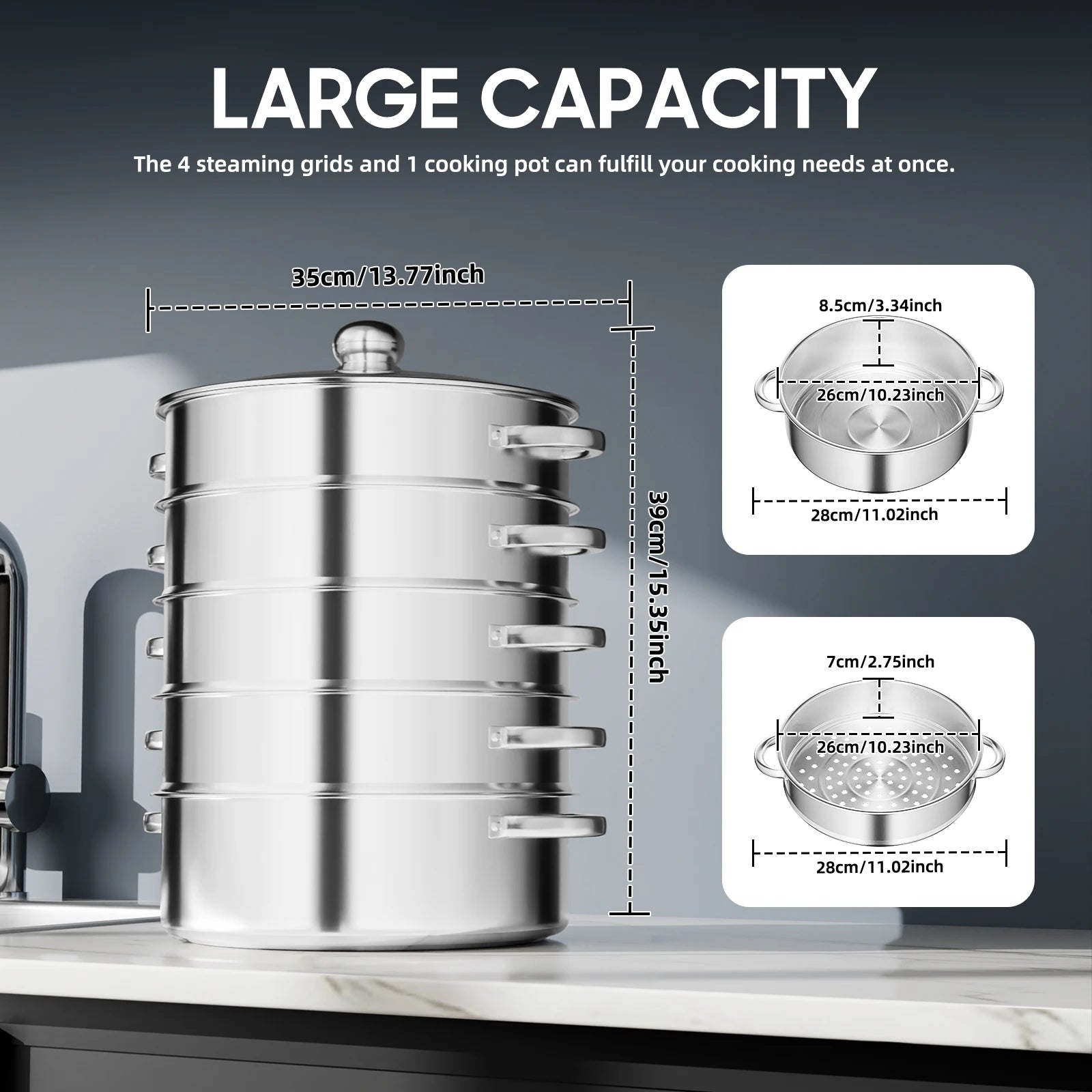 5-Layer Steamer 26cm/28cm/30cm Steam Cooker 304 Food-Grade Stainless Steel 4 Steaming Grids and 1 Cooking Pot W/ Glass Lid