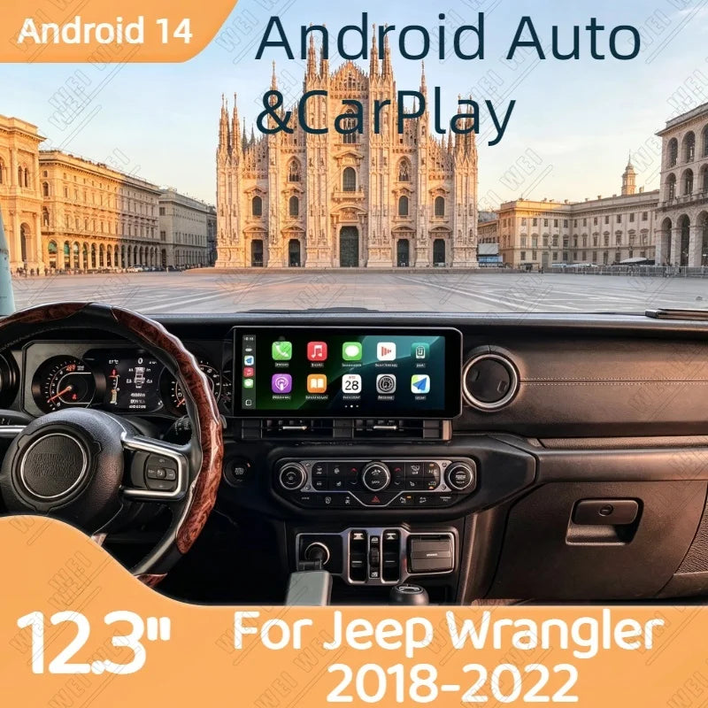 12.3" Android 14 CarPlay Auto Car Radio For Jeep Wrangler 2018-2022 Touch Screen Multimedia Stereo Player GPS Navi dsp Head Unit