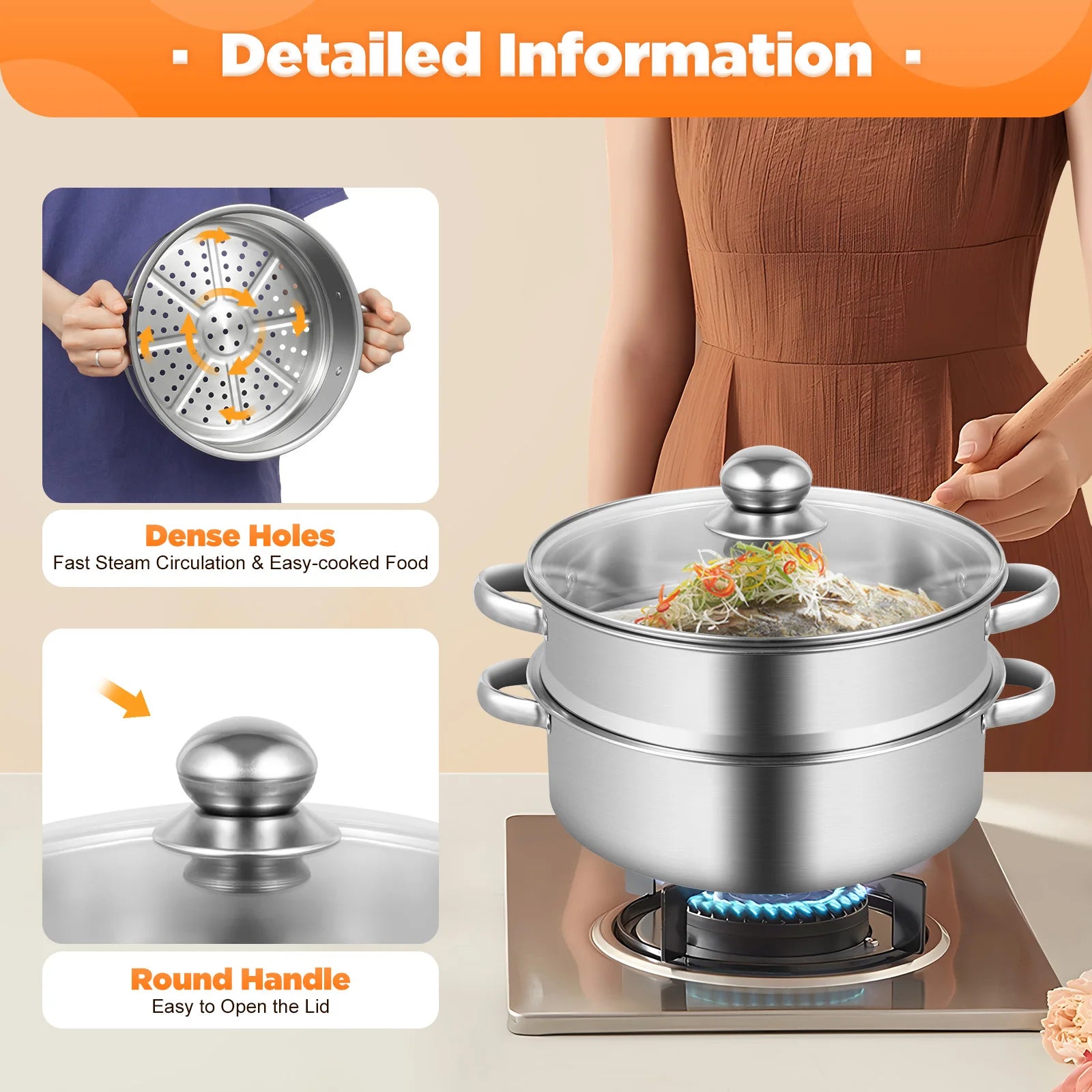 5-Layer Steamer 26cm/28cm/30cm Steam Cooker 304 Food-Grade Stainless Steel 4 Steaming Grids and 1 Cooking Pot W/ Glass Lid
