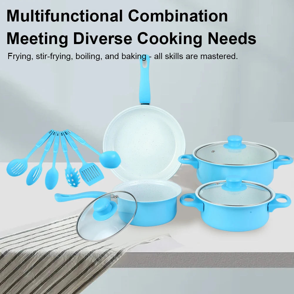 12Pcs Non Stick Cookware Set Cooking Pot with Lid Deep Frying Pan Milk Pot Maifan Stone Frying Pan for All Types of Cooker
