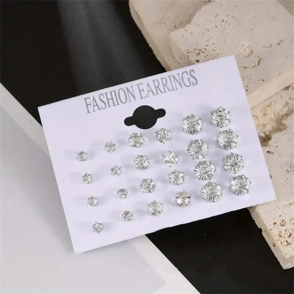 12 Pairs Set Stainless Steel Silver Color CZ Stud Earrings with Gemstone Buds Round Earrings Jewelry Accessories Unisex