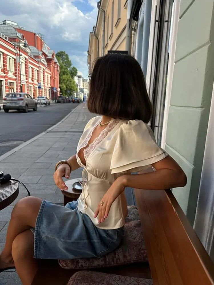 Ahagaga Causal Women Tops Solid Lace -Neck Short Sleeves Satin Slim Button Regular Eelgant Streetwear Tees Female Basic T Shirts
