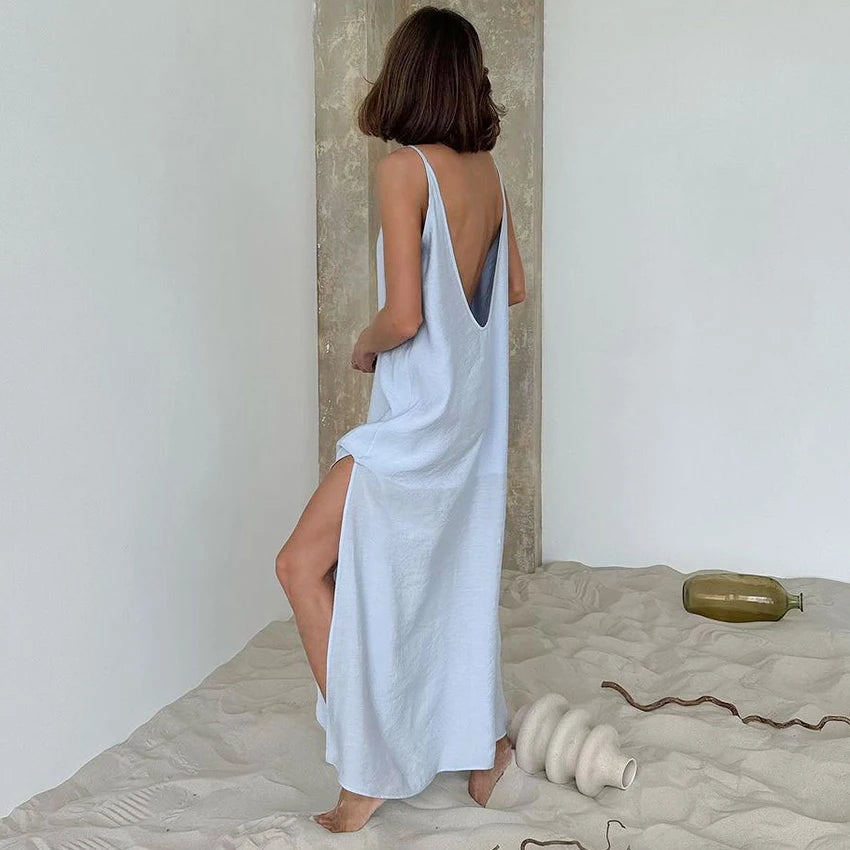 HiLoc Casual Loose White Long Dress Robe 2025 New Summer V Neck Dresses For Women Spring Sleeveless Straight Robes Nightgown