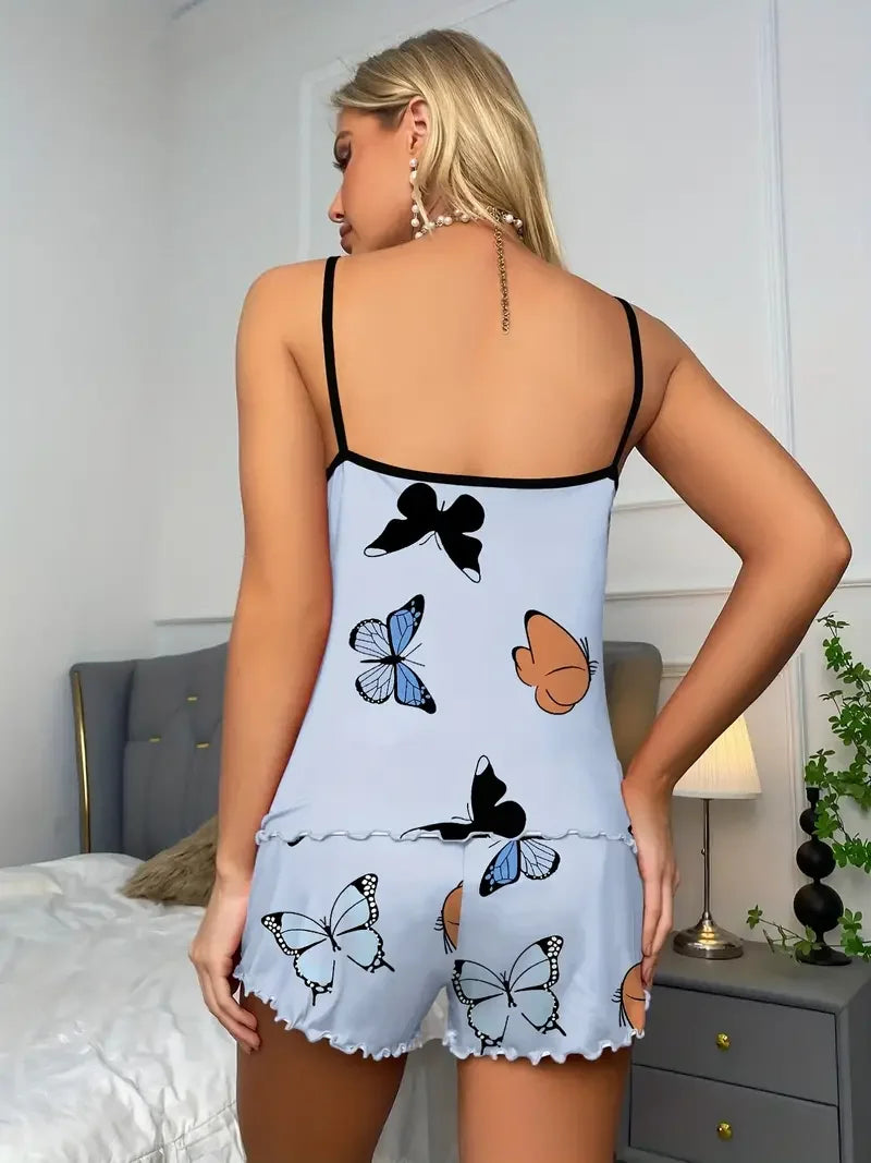Butterfly Print Pajama Set Lettuce Trim Cami Top  Elastic Waistband Shorts Women  Sleepwear Loungewear