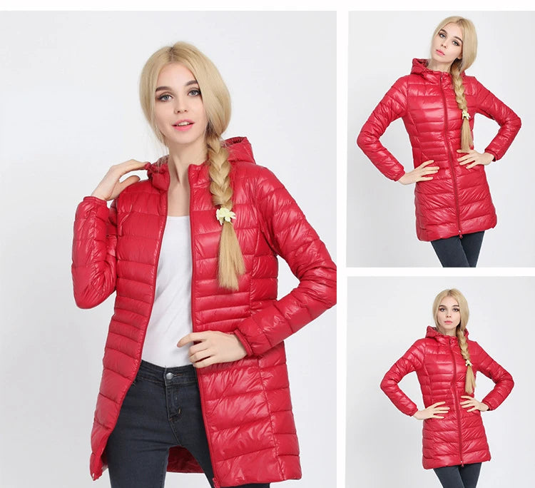 Women Long Warm Light Down Jacket Ladies Fashion Hooded with Portable Storage Bag Puffer Coats Women's Overcoats Hip-Length Coat