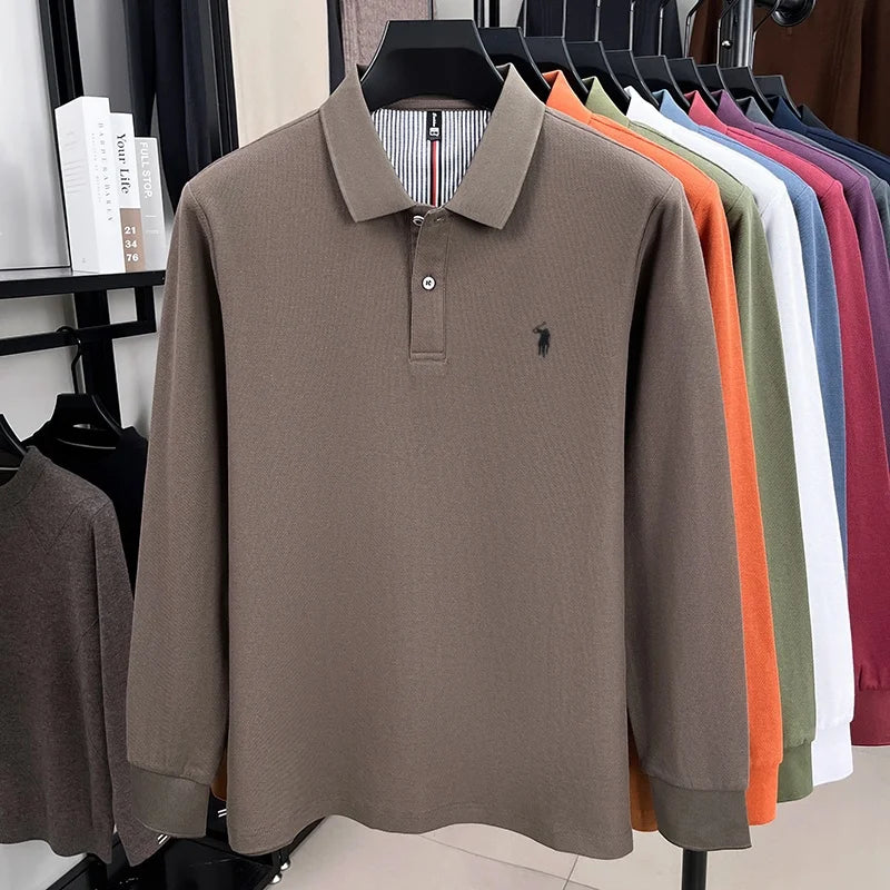 100% pure cotton autumn and winter men's fashion sports brand embroidered pony long sleeved POLO shirt business casual T-shirt