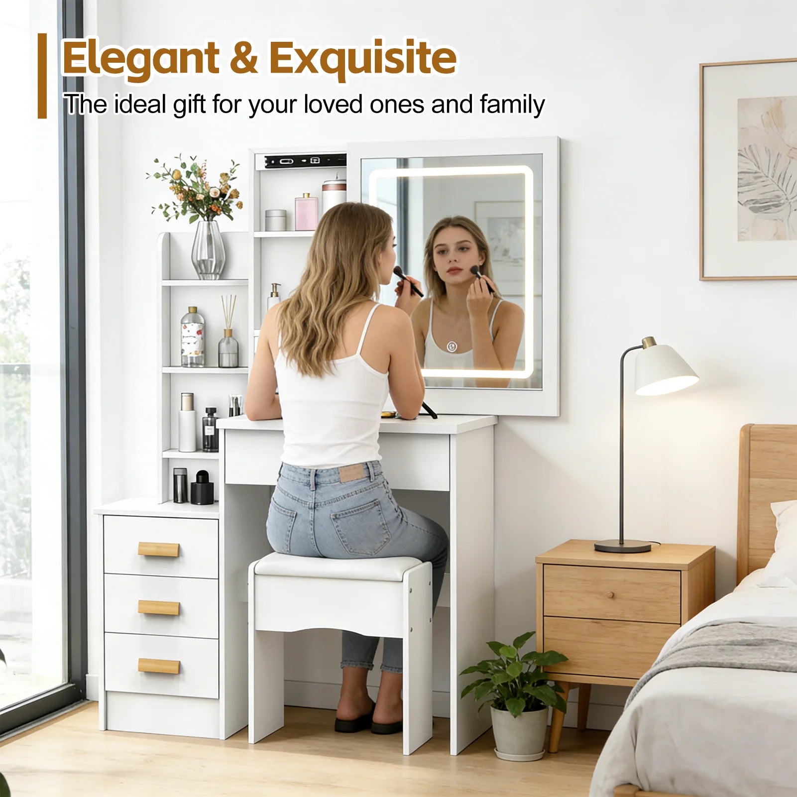 Bedroom Dressing Table Vanity Desk with Sliding Mirror and Lights Makeup Table with Hidden Storage Space