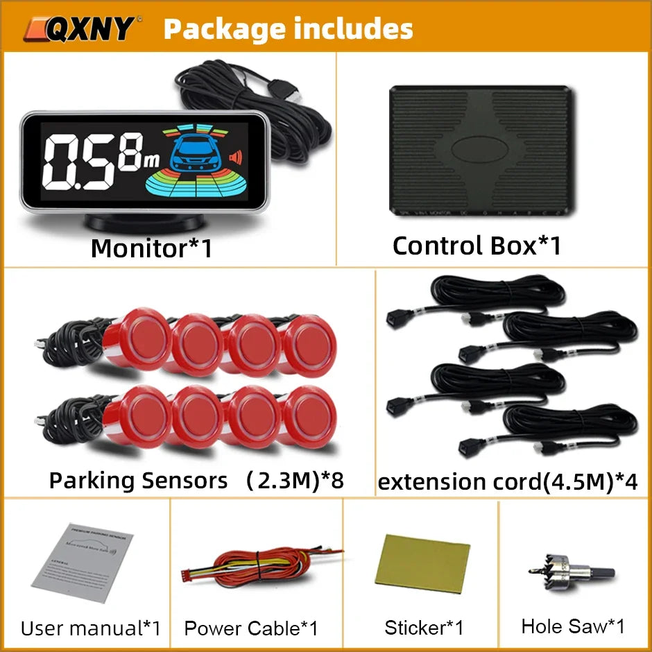 8 Parktronic Parking Sensors Kit Reversing Front and Rear Car Backup Radar Detector Backing Assistance Sound Aler AID