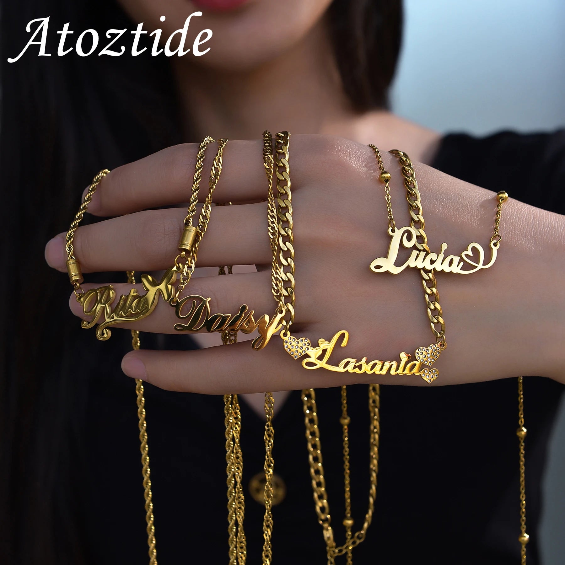 Atoztide Personalized Custom Name Necklaces for Women Stainless Steel Wave Chain Collares Pendant Mother Kids Jewelry Gift