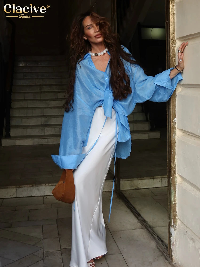 Clacive Fashion Loose Blue Women's Blouse 2025 Sexy Lapel Long Sleeve Shirt Elegant Classic Solid Blusas Tops Female Clothing