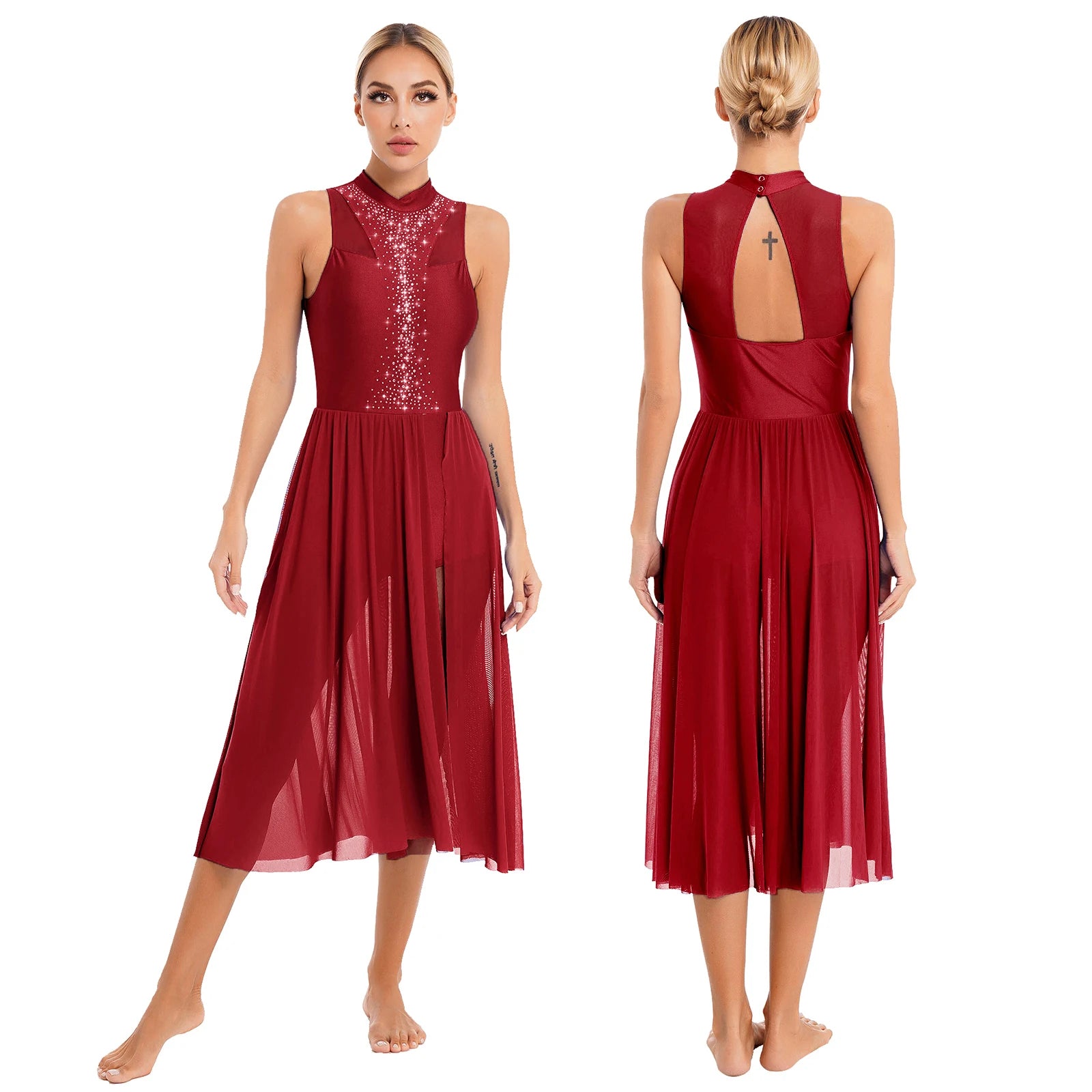 Womens Ballet Lyrical Dance Dress Cutout Back Full Length Overlay Leotard Costume Latin Rumba Tango Maxi Dress Long Dancewear