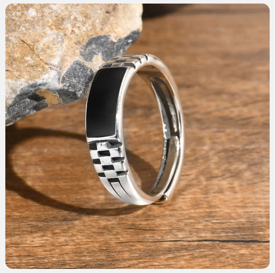 Vnox Mens Open Rings, Black Enamel Signet Ring, Watch Band Grooved Finger Band, Adjustable Jewelry