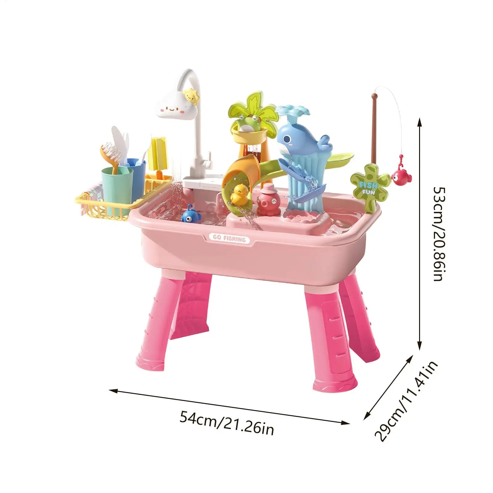 Kitchen Water table Sets with Pump,Tableware & Fishing Game for Kids,Children's Play Sink with Running Water & Electric Faucet