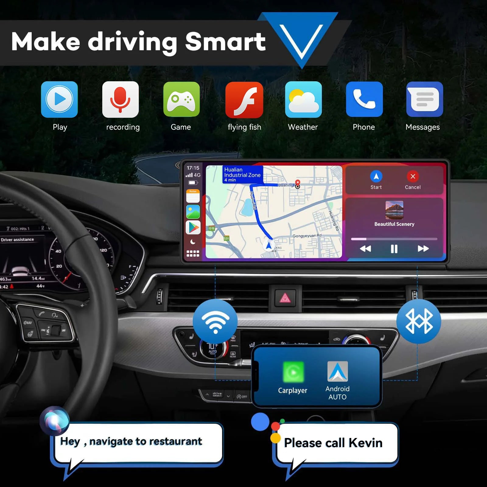 Universal Portable Wireless Carplay Screen for Car with Android Auto Touchscreen Car Stereo System