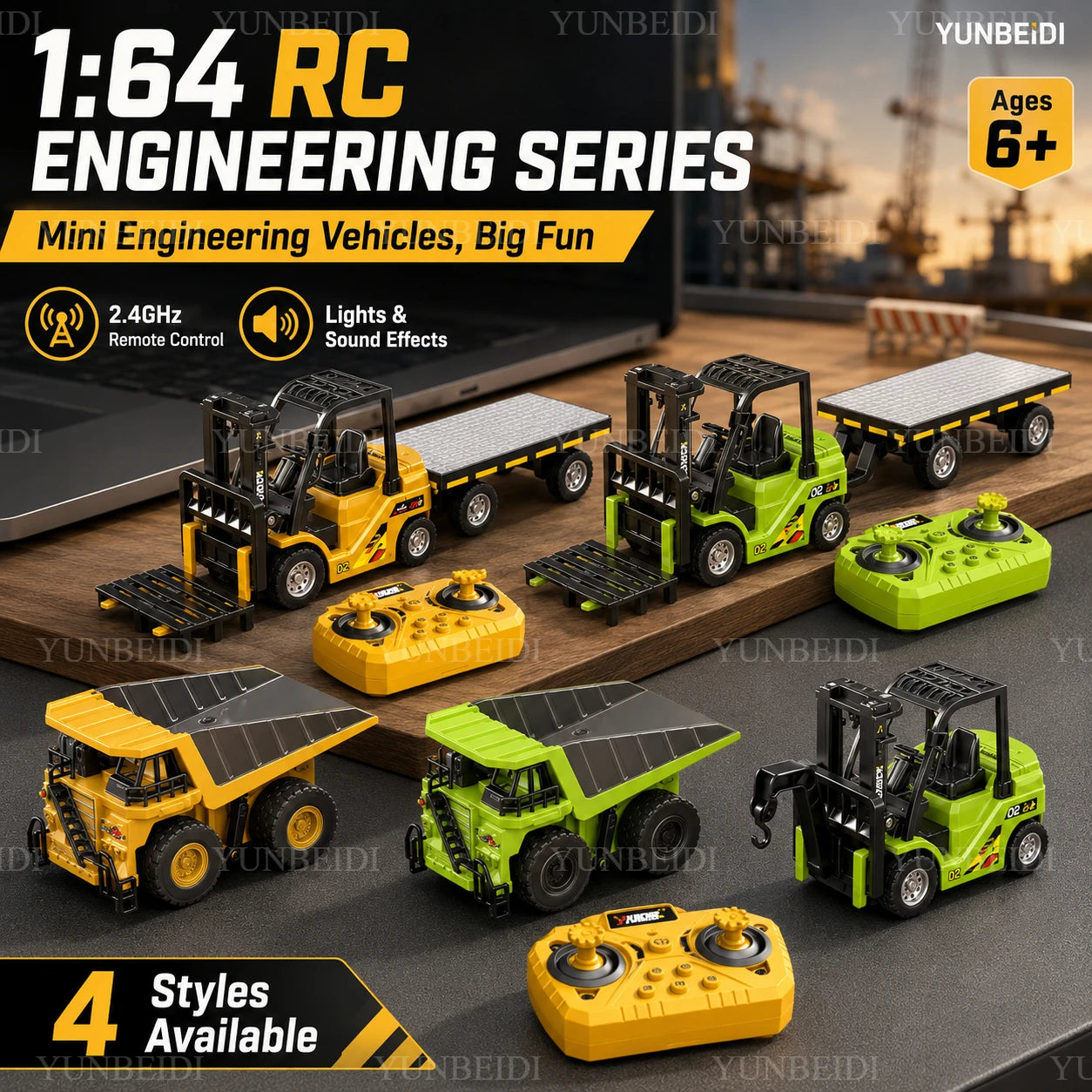 1:64 RC Mini Alloy Car Forklift with Trailer Excavator Desktop Game 2.4G Remote Control Engineering Lift Truck Child's Toy Gifts