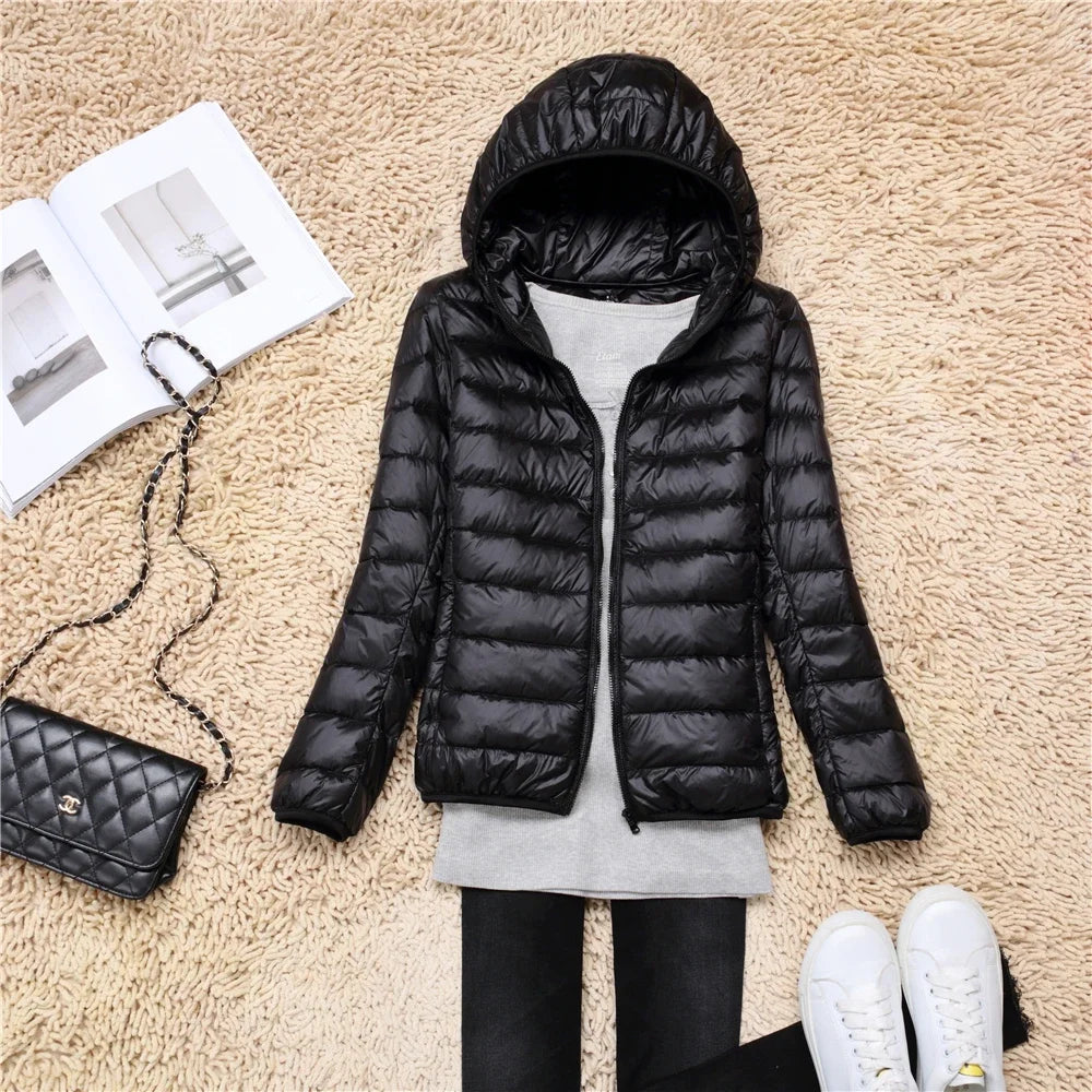 Women Puffer Jacket 2024 New Spring Autumn Female Ultra Light Weight Packable Hooded Down Coats Winter Inner Dock Down Coat