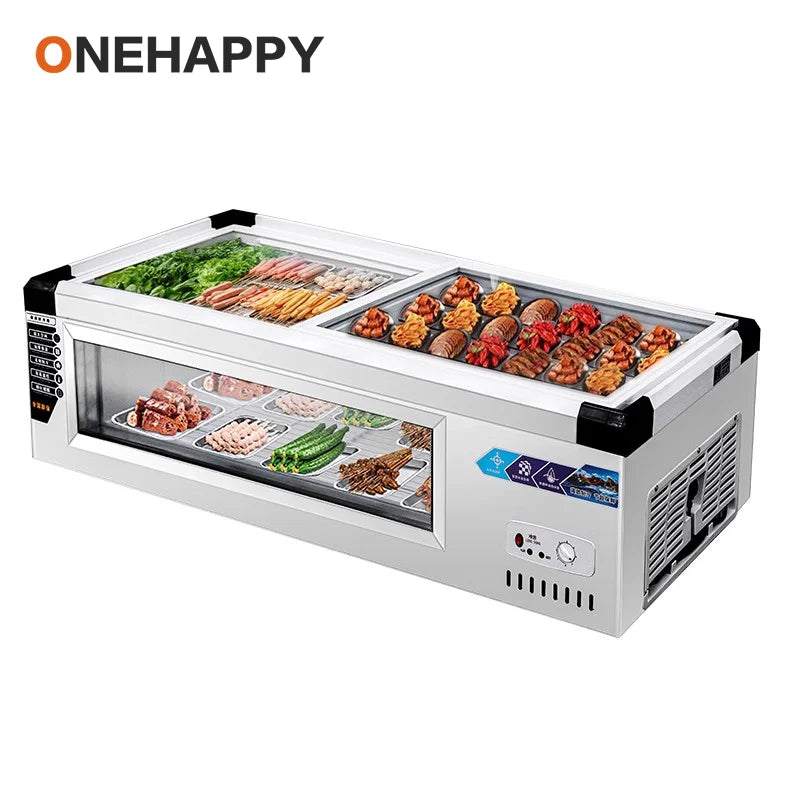 Commercial Refrigerator Freezer Countertop, 140W Portable Display Fridge for Food Stall with 3-Color Lights & Copper Tube Cool