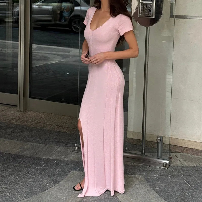 Tsiisd Ribbed Knit Maxi Dress For Women Deep V-Neck Slim High Slit Elegant Patchwork Commute Party Dress Women Knitwear Dress