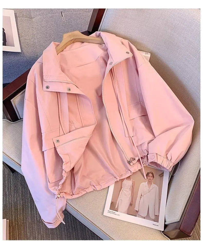 Short Hooded Jacket Women's Spring Autumn 2026 New Lady Loose Thin Work Jacket Top Solid Casual Student Zipper Outwear