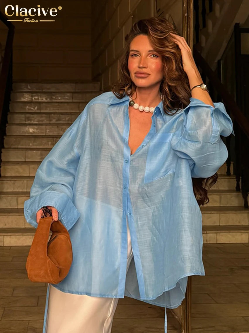 Clacive Fashion Loose Blue Women's Blouse 2025 Sexy Lapel Long Sleeve Shirt Elegant Classic Solid Blusas Tops Female Clothing