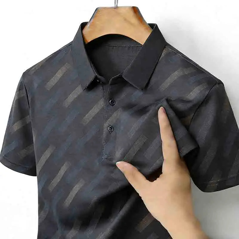 Men's Fashion Polo Shirt Short Sleeve Lapel Collar Diagonal Striped Print Casual Business Golf Tops