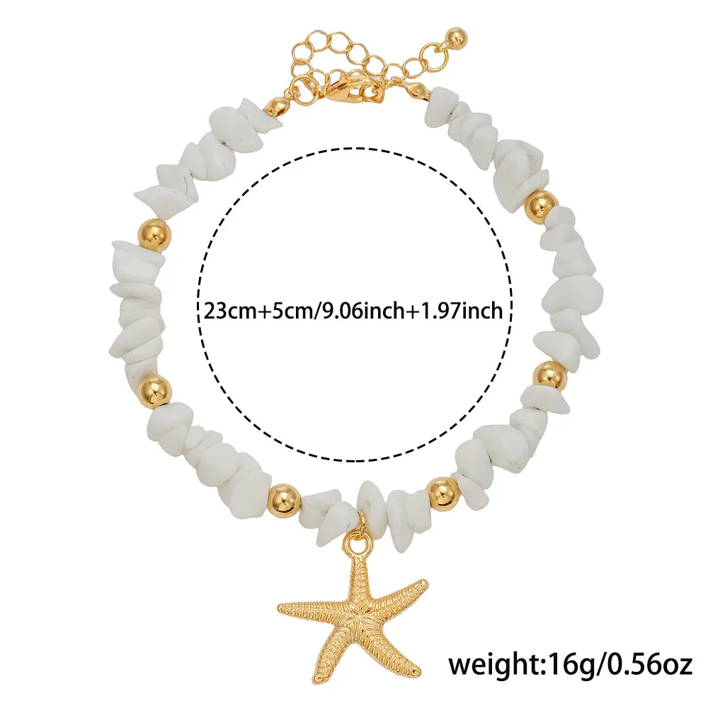 White Turquoise Beaded Chain Starfish Pendant Ankle Summer Bracelet Charm Sandals Barefoot Beach Foot Bridal Jewelry
