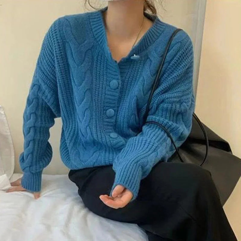 Autumn Twist Knitted Cardigan Womem Winter Thicken Warm O Neck Sweater Jacket Female Solid Button Up Long Sleeve Crop Knitwear