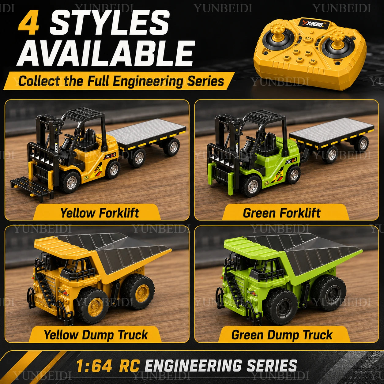 1:64 RC Mini Alloy Car Forklift with Trailer Excavator Desktop Game 2.4G Remote Control Engineering Lift Truck Child's Toy Gifts