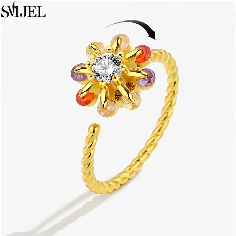 Ethnic Fashion Daisy Flower Anxiety Ring Adjustable Women Girls Worry Stress Relief Jewelry Spinning Fidget Rings Party Gifts