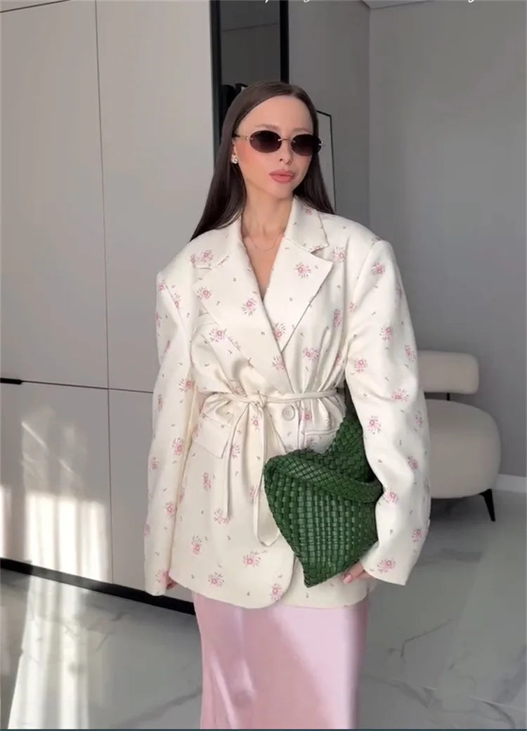 FSMG New Fashion Flowers Print Loose Suit Collar Coat For Women Elegant Belted Waist Cinching Suit Jacket Female Street Chic Top